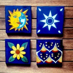 Mexican Tile Coasters in Blue, Yellow and White Floral and Mr. Sun Design - NEW…